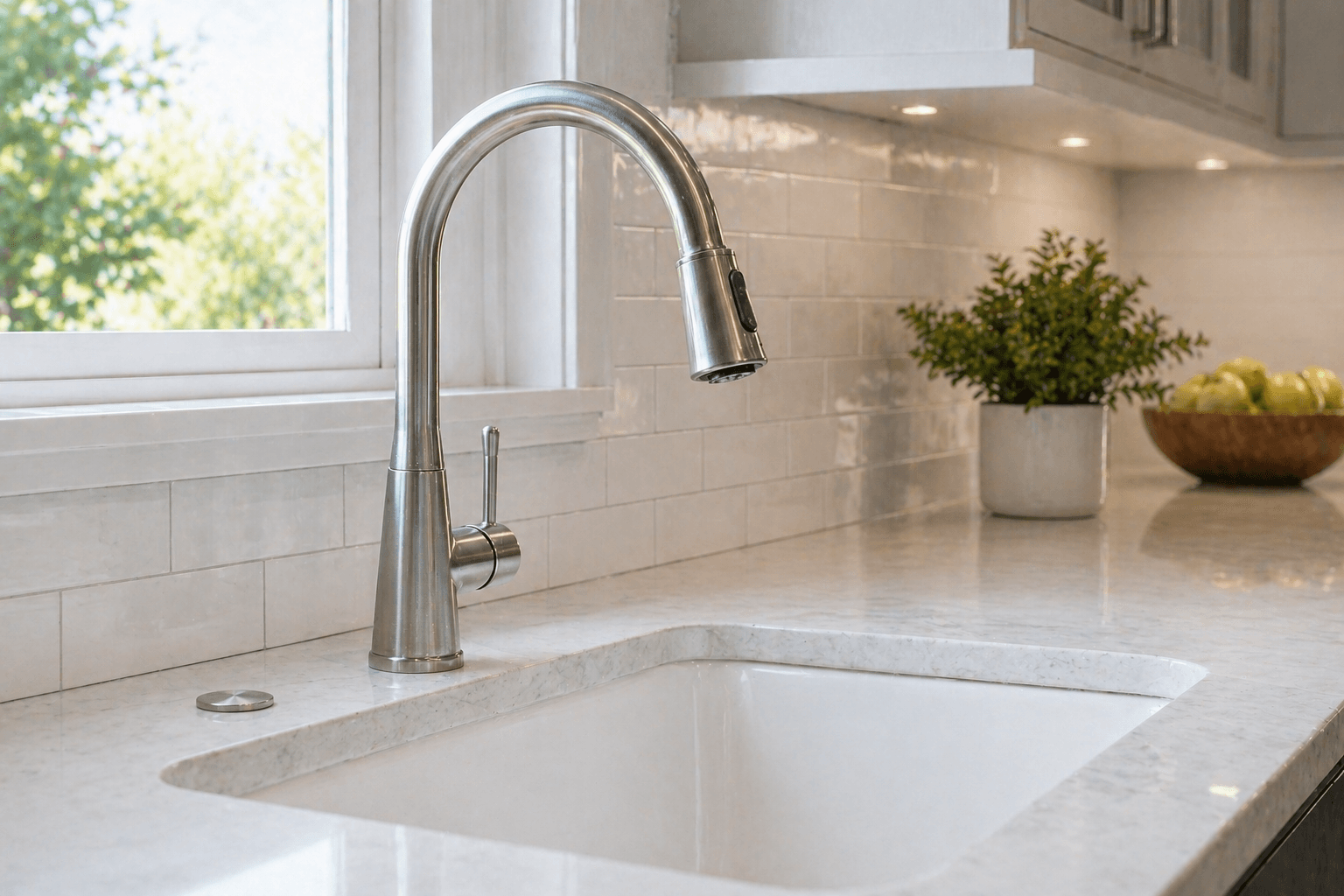 Plumber repairing a leaking faucet to save water in an O'ahu kitchen — Alpha Omega Plumbing