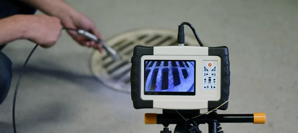A plumber is performing a sewer camera inspection down a grate