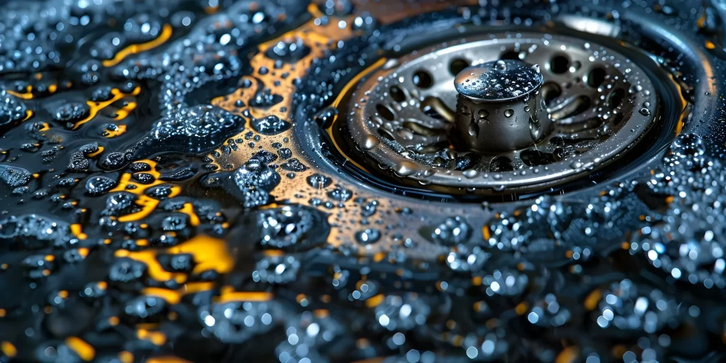 Artistic closeup of a sink drain with water droplets and soap around it